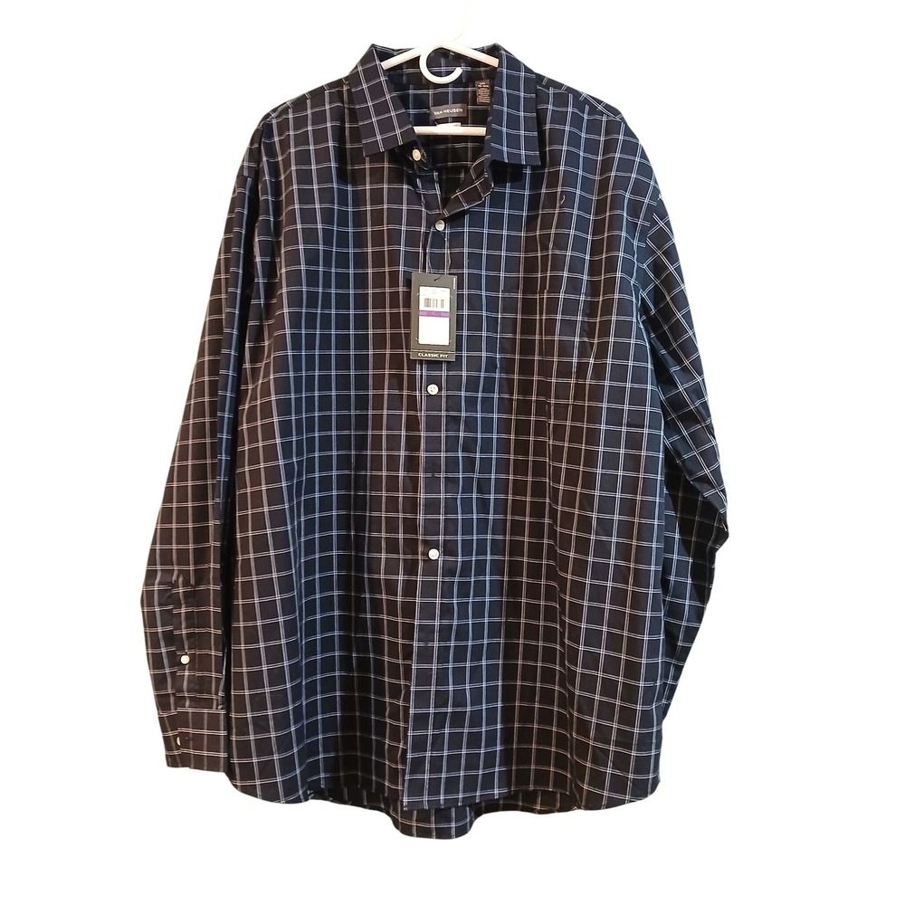 Van Heusen Mens XXL Classic Fit Button Down Shirt Navy Blue Plaid Long Sleeve